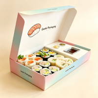 Boîtes à lunch en papier écologiques en gros pour pâtisseries, boulangeries, crêpes, sushis, gaufres, sauces chocolatées, avec insert et pelliculage mat