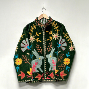 Elegant Green <b>Velvet</b> Embroidered <b>Jacket</b> With Rabbit And Floral Pattern Stand Collar Full Sleeve Open Front <b>Women's</b> Winter Coat - Product Image 1
