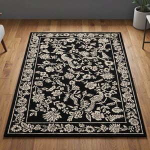 Alfombra Negra con Diseño Floral, Alfombra Vintage con Estampado Botánico de Aves, Alfombra Moderna Lavable para Sala de Estar, Dormitorio, Pasillo y Entrada - Product Image 1