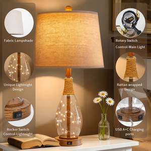 Lámpara de mesa moderna de cristal con pantalla de lino beige, bombilla LED E27, control de interruptor para decoración de dormitorio y sala de estar. - Product Image 3