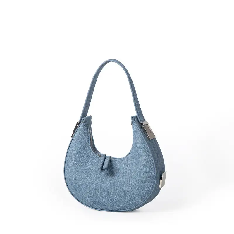 Bolsa jeans feminina com alças e braços, bolsa de ombro confortável com quantidade mínima para pedido, novidade da moda feminina, bolsa jeans macia e com garras, novidade de 2024