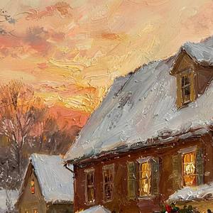 Dipinto a Olio 100% Fatto a Mano, Paesaggio Invernale con Villaggio Innevato, Texture Ricca, Arte Moderna su Tela con Cornice in Legno per Arredamento Casa - Product Image 5