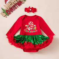 Ensemble 3 pièces prêt à expédier pour bébé fille : Robe tutu de Noël « Mon 1er Noël », tenue rouge à manches longues en tulle à sequins avec bandeau et chauffe-jambes