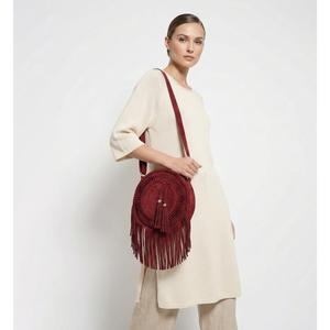 Red Round Suede Bohemian <b>Fringe</b> <b>Bag</b> With Drawstring Closure For Daily Use - Product Image 2