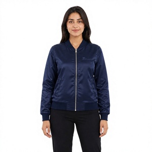 Chaqueta Bomber de Satén para Mujer Tiierwear, Azul Marino, con Cierre, Cuello Alto y Logotipo Frontal - Product Image 1