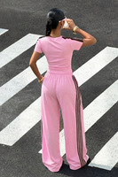 Ensemble deux pièces d'été pour femme : haut court à manches courtes et pantalon large rayé, survêtement décontracté 100 % polyester