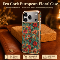 Coque de téléphone en liège écologique à motif floral européen, compatible avec la charge sans fil pour iPhone 16 17 18