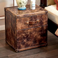 Table d'appoint en bois antique avec coffre en cuir véritable pour rangement dans le salon, table de chevet pour canapé, décoration de salon