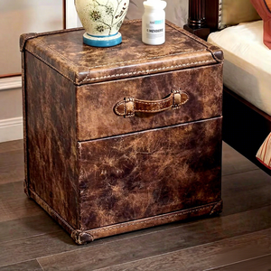 Mesa Auxiliar de Madera Antigua con Diseño de Baúl de Cuero Genuino para Almacenamiento en Sala de Estar, Mesita de Noche para Sofá, Decoración de Centro Comercial - Product Image 3
