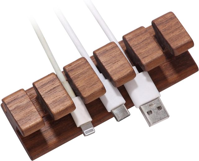 Home Office 5 Slots Cable Organizer Walnut Wood Cord Holder Desk Wire Management for USB, Charging, HDMI, and Type-C Cables