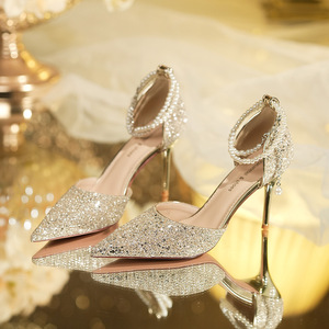 6692-15 Zapatos de Novia con Cristales Brillantes, Punta Puntiaguda, Tacón de Aguja, con Correa de Cadena de Perlas, Sandalias de Tacón Alto para Mujer - Product Image 1