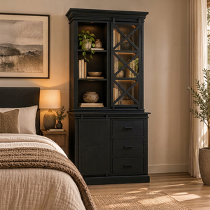 Armario de Madera Maciza Negra de Estilo Europeo con Puertas Corredizas de Metal, 3 Cajones, Organizador de Ropa Alto para Dormitorio - Product Image 1