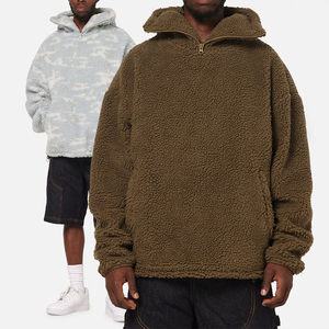 Men's Oversized Sherpa Fleece Hoodie <b>Zipped</b> <b>Hood</b> High Neck Pullover Warm Winter Streetwear Embroidered Custom Logo 100% - Product Image 1