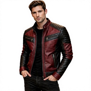 Blouson moto homme en cuir véritable tanné, color block rouge et noir, coupe ajustée, fermeture éclair, col rabattable, manches classiques, devant zippé - Product Image 1