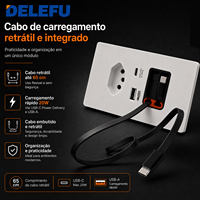 Prise murale DELEFU type N brésilien 2P+T 10A/20A avec chargeur rapide USB-A USB-C 20W PD, câble rétractable double, panneau PC