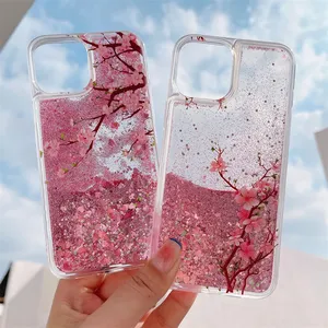 Funda para teléfono móvil Pink <span class=keywords><strong>Peach</strong></span> Blossom Quicksand para iPhone 16 15 14 12 Pro Max Love Hearts Sparkles Liquid <span class=keywords><strong>Cover</strong></span> Flower Design - Product Image 6