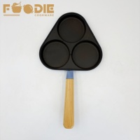 Poêle à œufs en fonte émaillée rouge 3 tasses avec poignée en bois, poêle à petit-déjeuner pour œufs, steaks et hamburgers