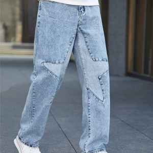 <span class=keywords><strong>Jean</strong></span> cargo baggy coupe droite taille haute pour <span class=keywords><strong>homme</strong></span>, en denim de coton bleu, avec poches obliques et patchs à motif étoile - Product Image 2