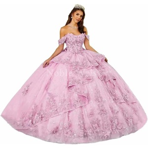 Damen Schulterfreies Mehrlagiges A-Linien Quinceañera Ballkleid Bodenlang mit 3D-Blumen, Puffärmeln und Perlen-Spitzenapplikationen - Product Image 3