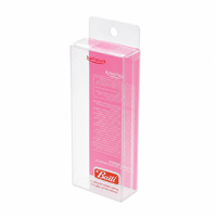 Boîte de présentation suspendue en PVC transparent avec fente Euro Slot et fond rose, pour petits articles, personnalisable avec logo