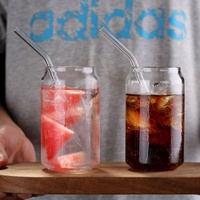 Verres à boire en forme de canette de 12 oz et 16 oz, verres à thé, verres à bière avec couvercles en bambou et pailles en verre