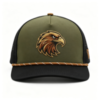 Gorra Trucker Deportiva Personalizada al por Mayor de 5 Paneles con Logotipo Bordado de Alta Calidad, Cuerda de Esponja Marrón y Parche de Águila Tejido