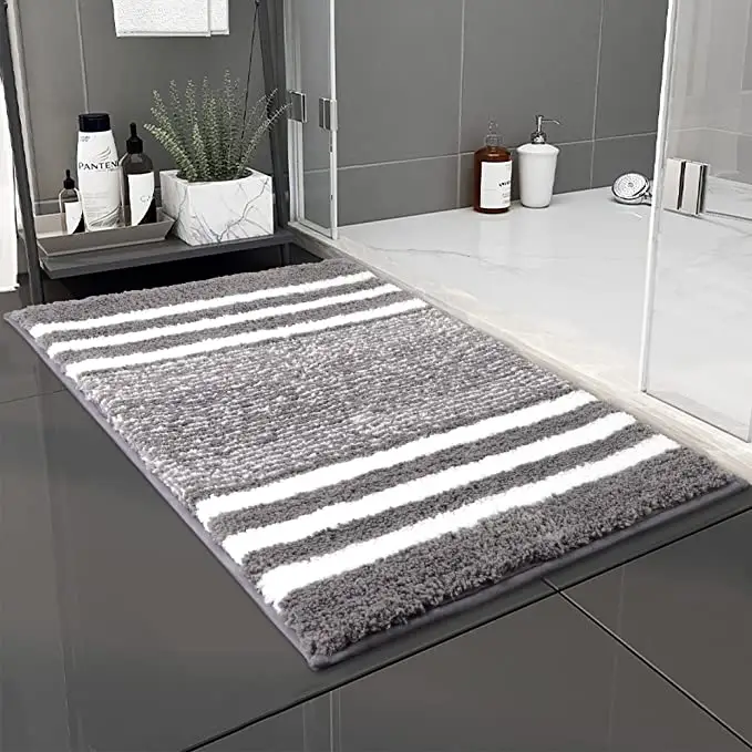 Custom Fluffy Soft Plush Stripe Shower Carpet Quick Dry Microfiber Tufted Bath Rug Non Slip Bath Mats