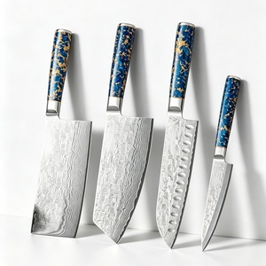 Ensemble de couteaux de cuisine en acier Damas de qualité supérieure à 67 couches, manche en résine bleu indigo et or, lame affûtée exquise, cadeau élégant - Product Image 1