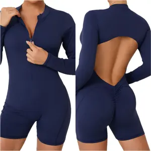 Long Sleeve Backless Workout Catsuit Athletic Rompers Bodysuit 1 Piece Front Zip Yoga Jumpsuit Sport Women's Jumpsuit