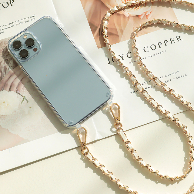 Luxury Cross Body Phone Case with Gold Metal Chain Design Shockproof 1.5mm Thin for 14 Pro Max