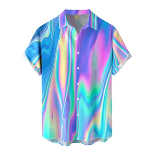 Factory Wholesale Summer Casual Wear Short Sleeve Stand Collar Beach Wear Gradient Color Printed Cotton Polyester Shirts