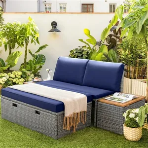 new design patio lounge bed square covered wicker outdoor daybed with cushion and side table