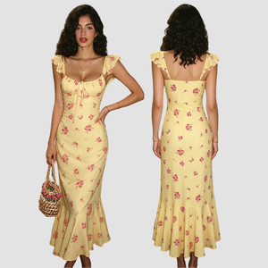 Vestido largo floral sexy francés, estilo vacaciones en el campo, con pequeñas mangas abullonadas, elegante y lindo, con cuello cuadrado, vestido de verano. - Product Image 1