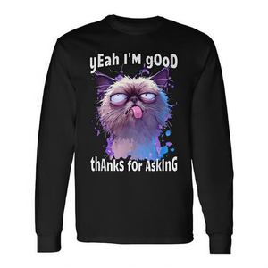 Camiseta de manga larga con diseño de cara de gato, unisex, cuello redondo, impresión digital, talla para adultos - Product Image 2