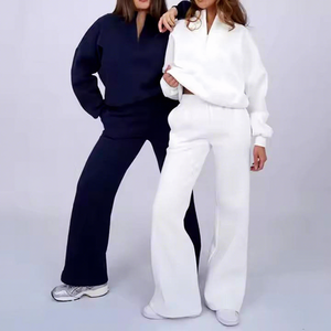Ensemble de survêtement pour femme bleu clair, sweat à capuche demi-zippé et pantalon, couleur unie, décontracté, coupe ample, poches latérales, idéal pour l'automne - Product Image 3