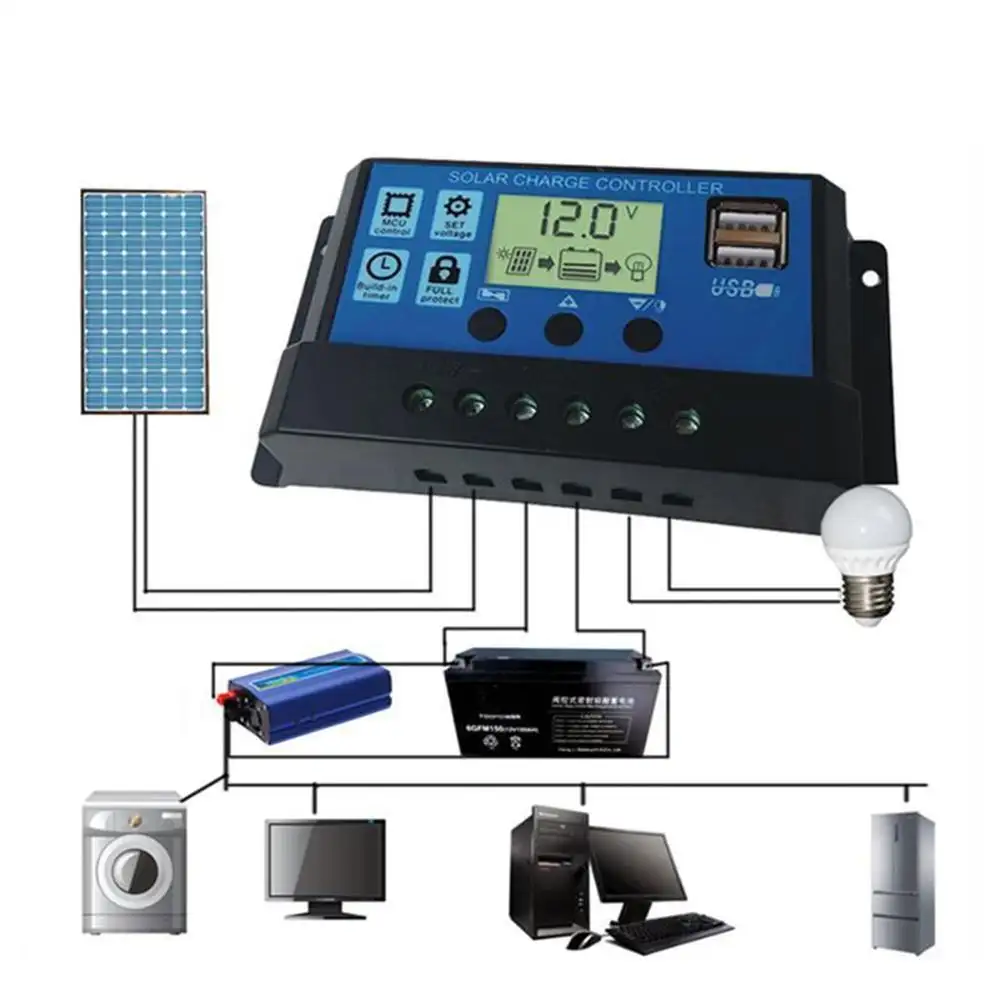 Controlador de carga de panel solar AISHANG12v 24V regulador inteligente con pantalla LCD PWM controlador de carga solar 10A 20A 30A