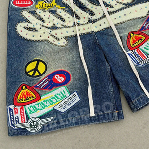 Patchwork de broderie personnalisée vieilli Vintage déchiré jambe droite hommes taille moyenne lavage foncé sueur Denim Jeans Shorts - Product Image 3