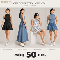 Robe mini sans manches bleue pour femme, col montant, effet denim, coupe évasée, taille froncée, décontractée, été, personnalisable OEM