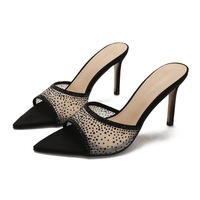 2026 Mules à talons aiguilles pour femme, en maille et strass, à bout pointu, style sandales à talons hauts à enfiler, sexy et scintillantes, pour soirée, OEM ODM Logo personnalisé