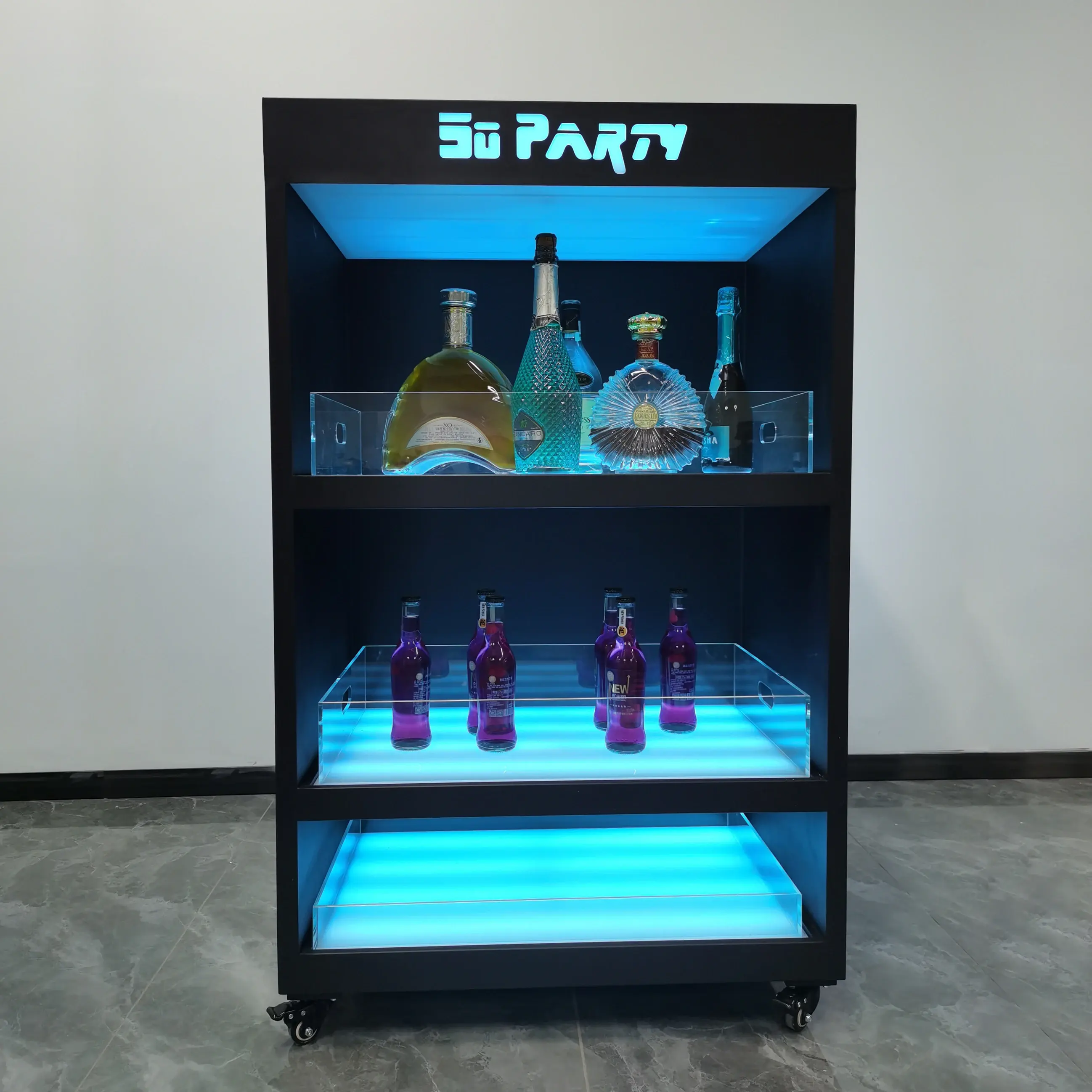 Custom Logo Bar KTV Night Club Nightclub 3 Tier Mobile Champagne Glass Red Display LED Wine Cooler Cabinet For Nightclub