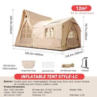 Tente de camping familiale gonflable beige de 12 mètres carrés pour 8 à 10 personnes avec lanterneau à colonne d'air et ouverture pour cheminée