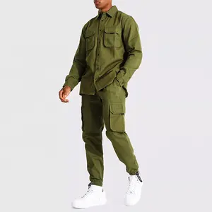 New Arrival Custom 100% Cotton Blank Utility Boys Trouser Set Streetwear Twill Multi Pocket Men Cargo Tracksuit Set