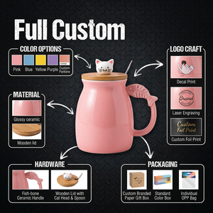 Tazza in Ceramica 3D a Forma di Gatto, Fatta a Mano, Personalizzabile, con Coperchio, Cucchiaio a Zampa e Sottobicchiere, Tazza Originale per Caffè, Tè, Latte - Product Image 2