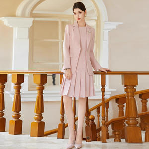 Vestido de falda de longitud media profesional <span class=keywords><strong>rosa</strong></span> con solapa con muescas para mujer, traje de cuello ajustado plisado, chaqueta de un solo botón Formal para OL - Product Image 4
