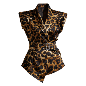 <b>Leopard</b> <b>Print</b> Sleeveless Shirt Lapel Blouse Rivet Detail Vintage Women Summer - Product Image 1