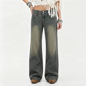 Vaqueros de pierna ancha vintage transpirables de verano para mujer, estilo urbano atrevido, con cintura en contraste y paneles de mezclilla. - Product Image 5