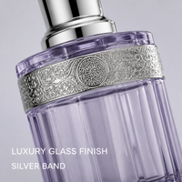 Flacon de parfum en verre vide personnalisé en gros, 35 ml, avec capuchon métallique argenté, style arabe, atomiseur cylindrique violet de luxe rechargeable