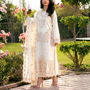Costume indien pakistanais brodé blanc et rose, 3 pièces, longueur au sol, shalwar kameez, vêtements de fête pour femmes - Product Image 1