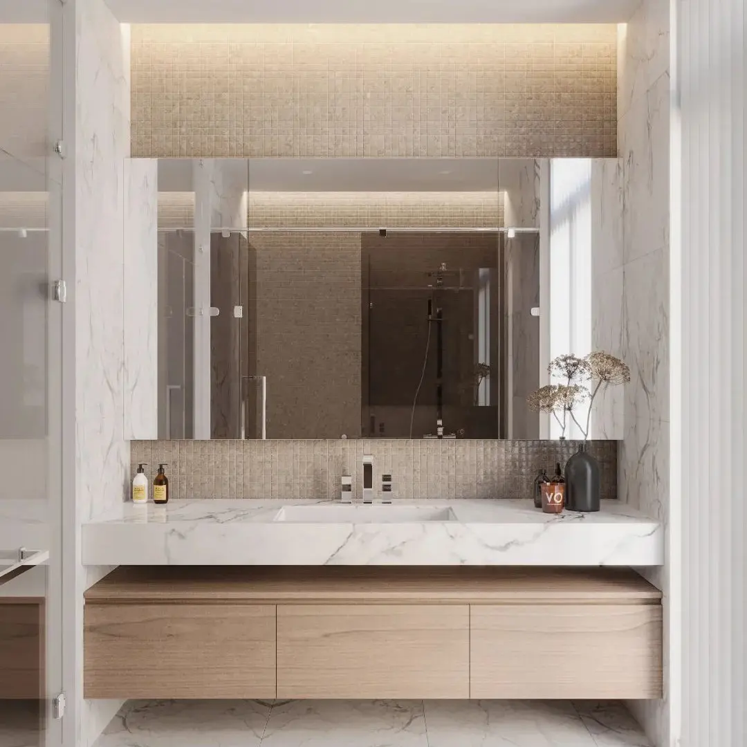 تصميم جديد فندق شهير أثاث حمام حديث فاخر مثبت على الحائط خزانة زينة للحمام