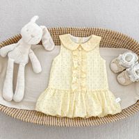 Robe sans manches coupe trapèze à pois, col Claudine, en pur coton jaune, fine, douce et confortable, robe personnalisée pour bébé fille